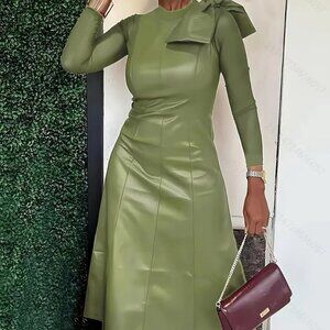 Green Bow Accent Faux Leather Long Sleeves Midi Dress